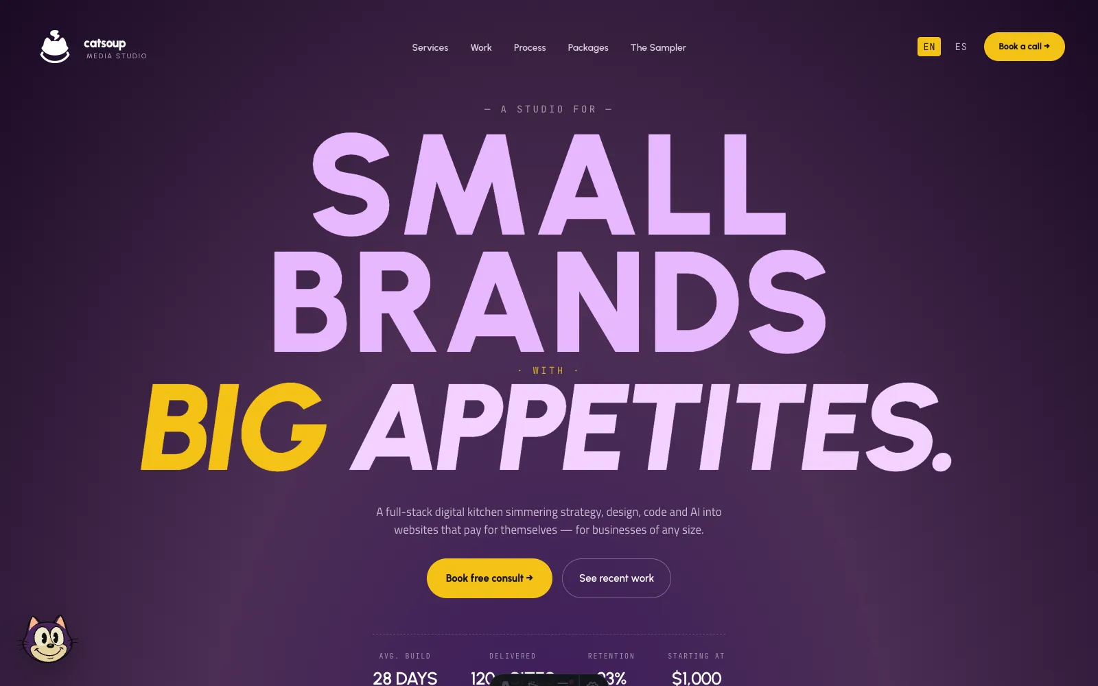 The new Catsoup Media hero — "Small brands with big appetites" on a deep purple ground, with the mascot in the corner.