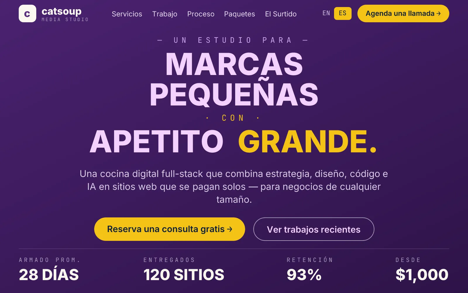 El nuevo hero de Catsoup Media — "Marcas pequeñas con apetito grande" sobre un fondo morado profundo, con la mascota en la esquina.