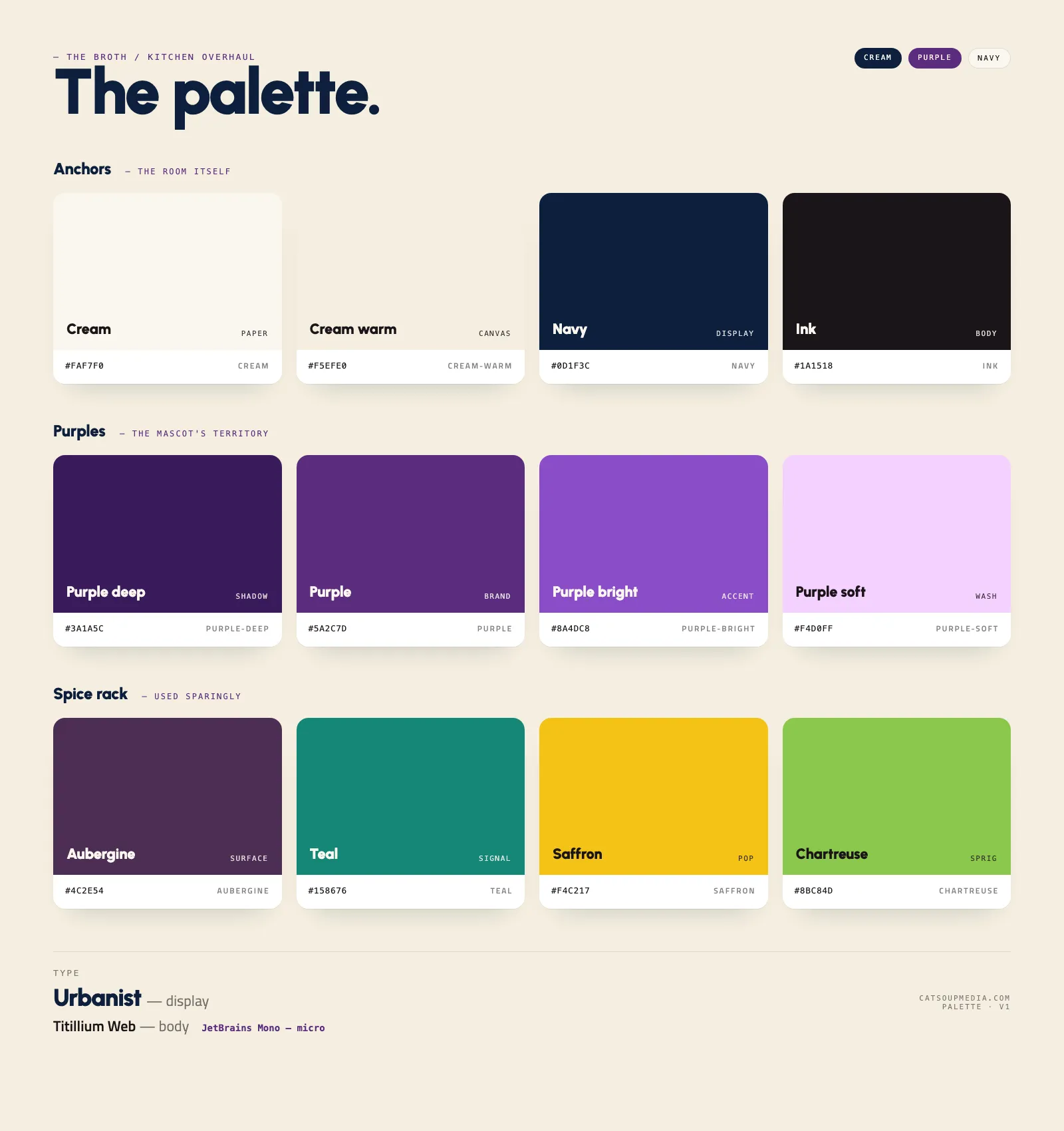 The Catsoup palette — anchors, purples, and the spice rack